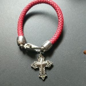 Silver Tone Cross On Red Cord
